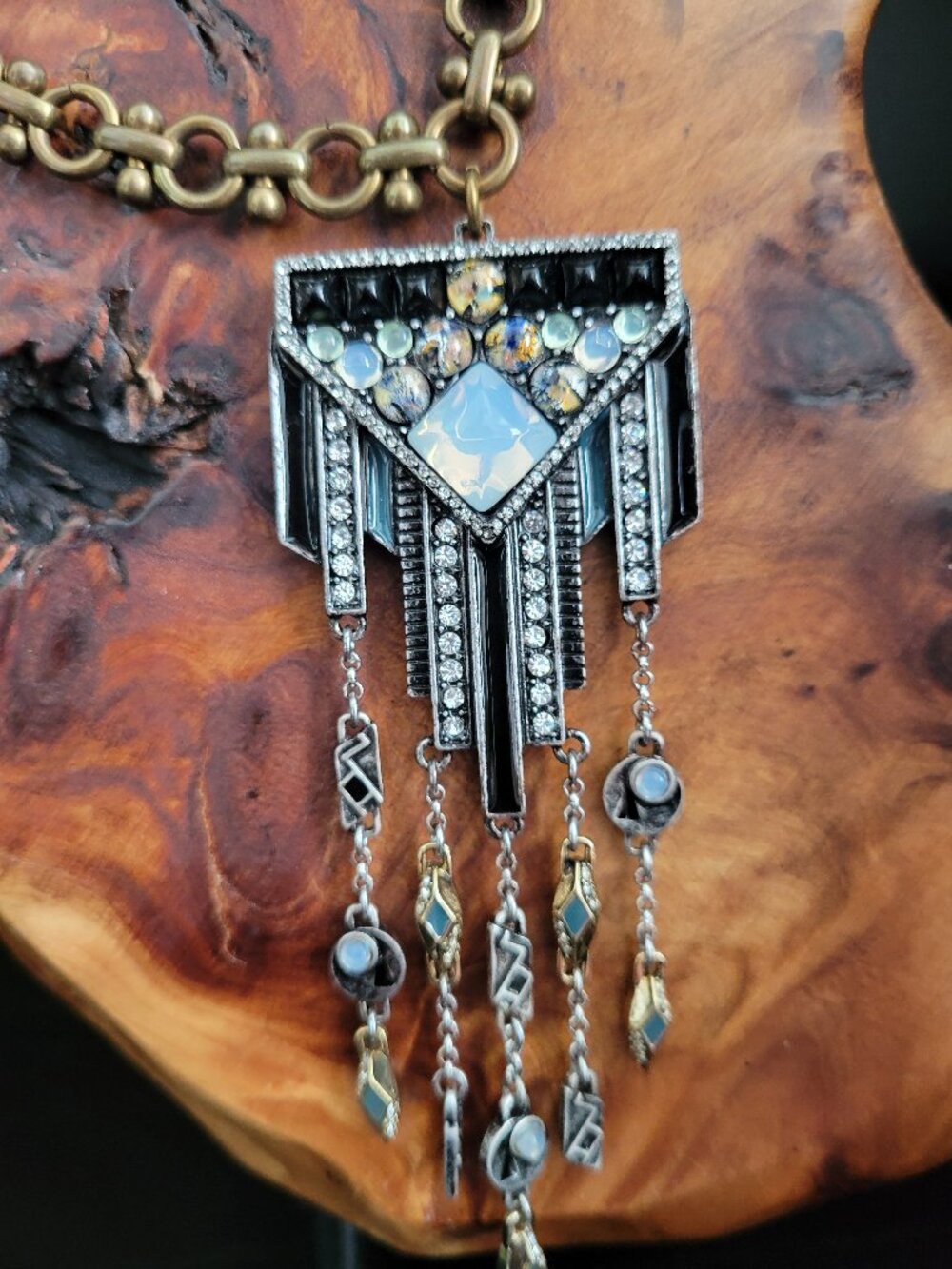 Lulu Frost Citadel Two Tone Fringe Art Deco Chain Necklace with opal milk glass